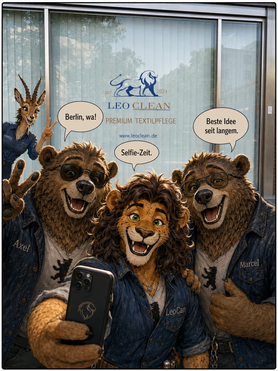 LeoCan macht vor der Schöneberger Filiale ein Selfie zwischen den frisch gepflegten Cousins Marcel und Axel; die Gazelle schaut grinsend ins Bild.