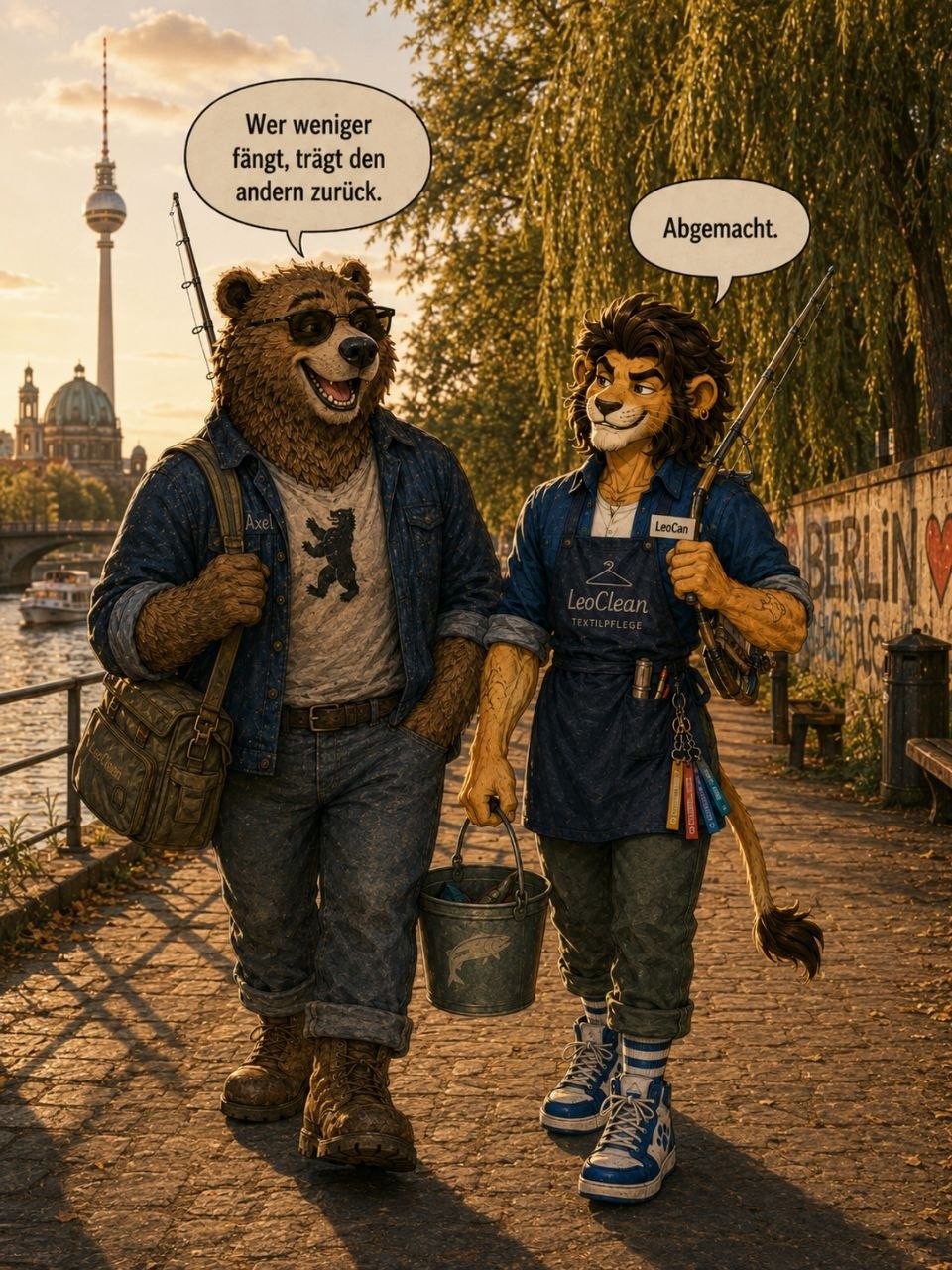 LeoCan und Axel auf dem Weg zum Angeln an der Spree in Berlin
