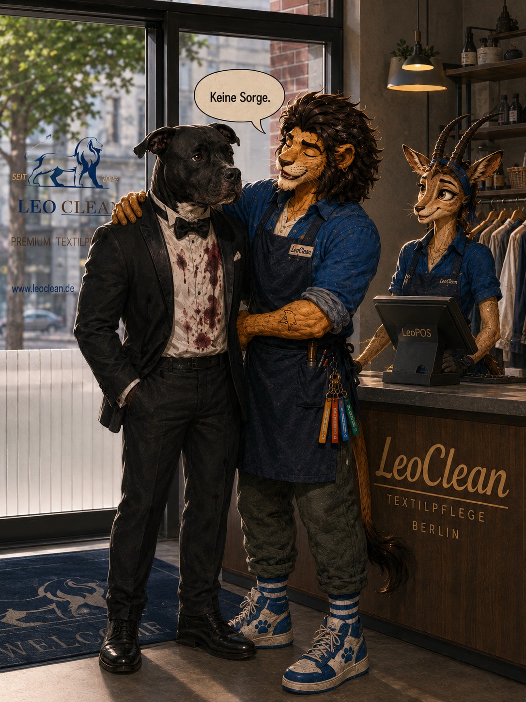 Am nächsten Tag empfängt LeoCan Vito herzlich bei LeoClean, während die Ceylan am Tresen steht und LeoPOS im Hintergrund sichtbar ist.