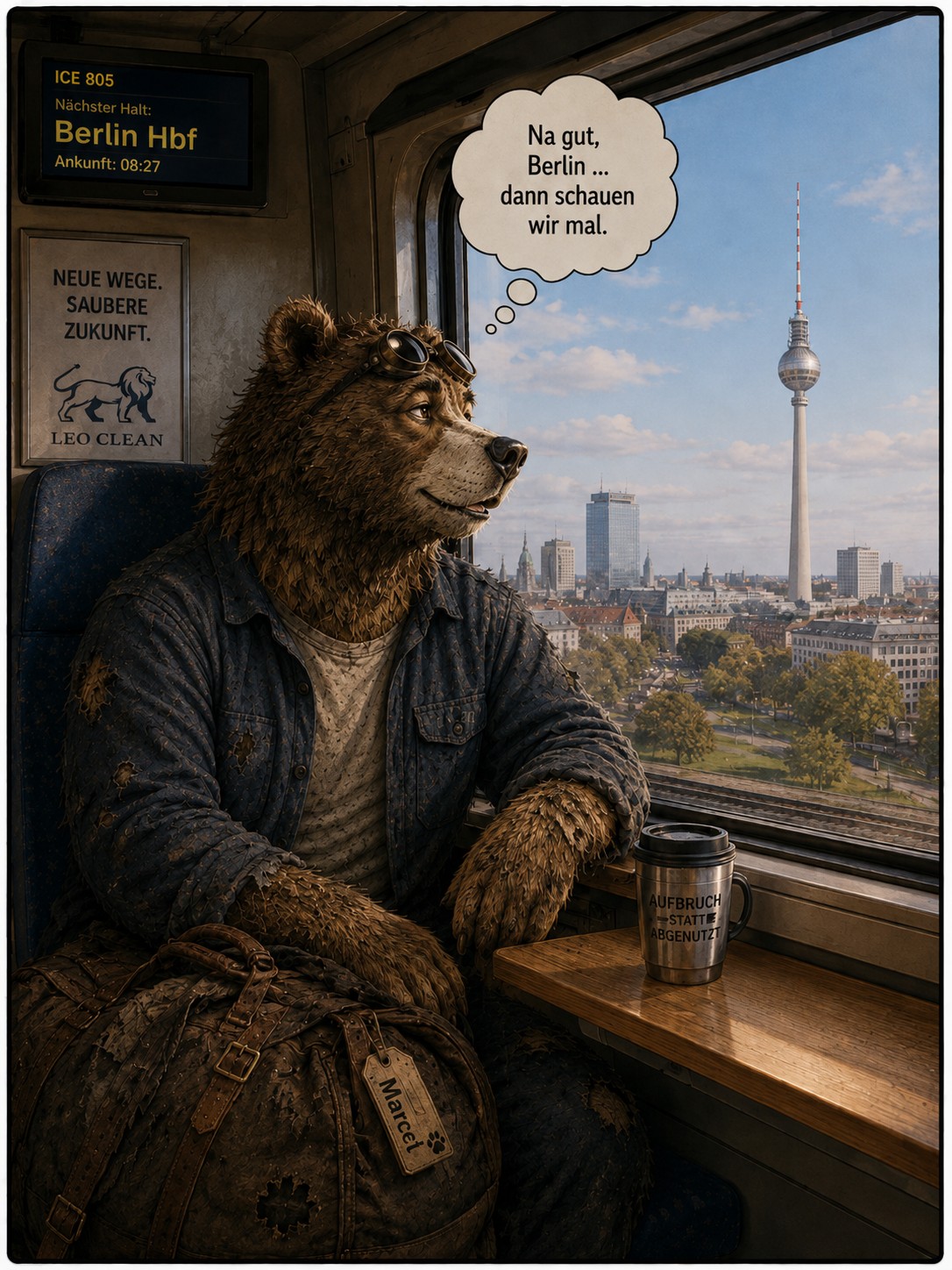 Marcel sitzt am nächsten Morgen im Zug nach Berlin und blickt gespannt auf die näher kommende Hauptstadt.