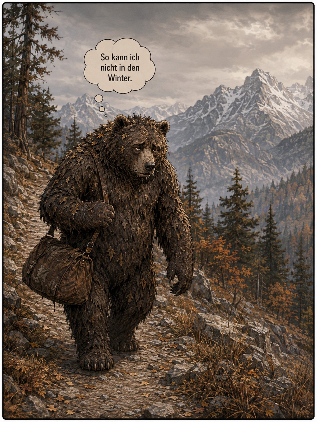 Marcel wandert mit stumpfem, verschmutztem Winterfell durch die Berge und merkt, dass der nächste Winter näher rückt.