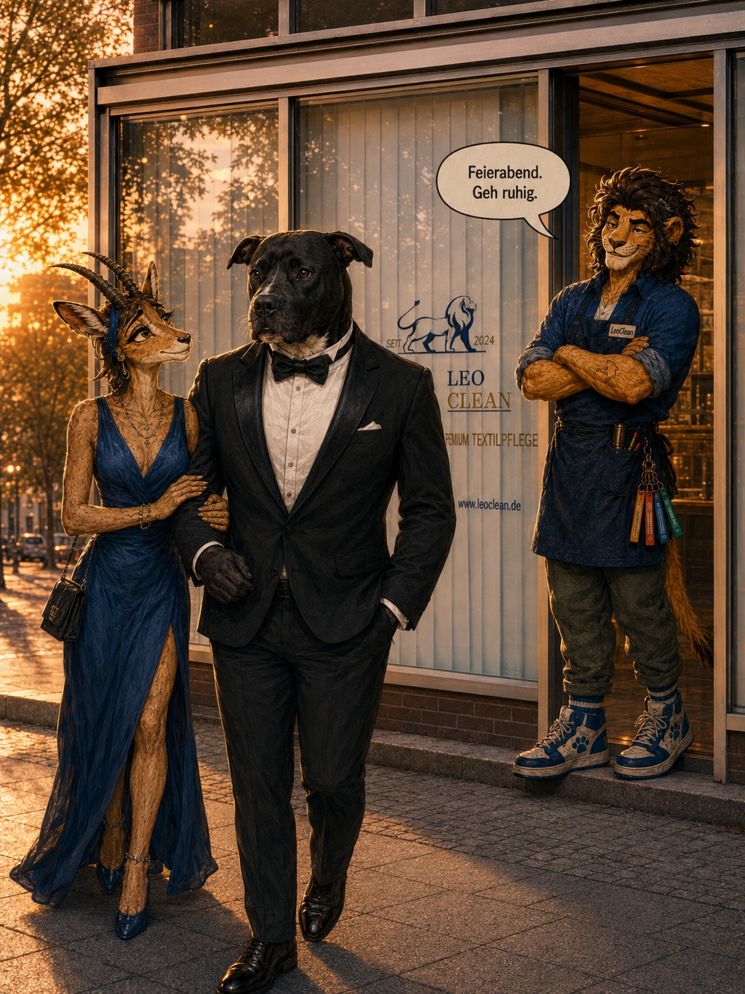 Vor LeoClean verlassen Vito und Ceylan am Abend gemeinsam den Laden, während LeoCan ihnen zufrieden hinterherschaut.