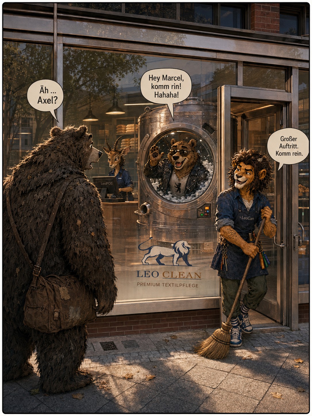 Marcel erreicht LeoClean Schöneberg. LeoCan fegt vor dem Laden, während die Gazelle am LeoPOS arbeitet und Axel drinnen auf ihn wartet. Berlin begrüßt Marcel auf seine ganz eigene Art.